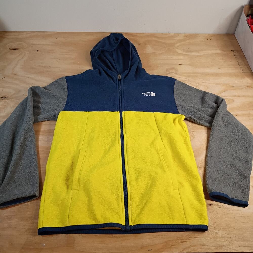 The North Face Youth L Boys Jacket Fleece Full Zip Hoodie Yellow Blue Colorblock
